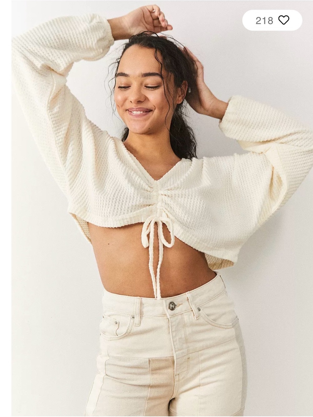 Out From Under Urban Outfitters Sadie Waffle Knit Ruched Crop Top Cream S